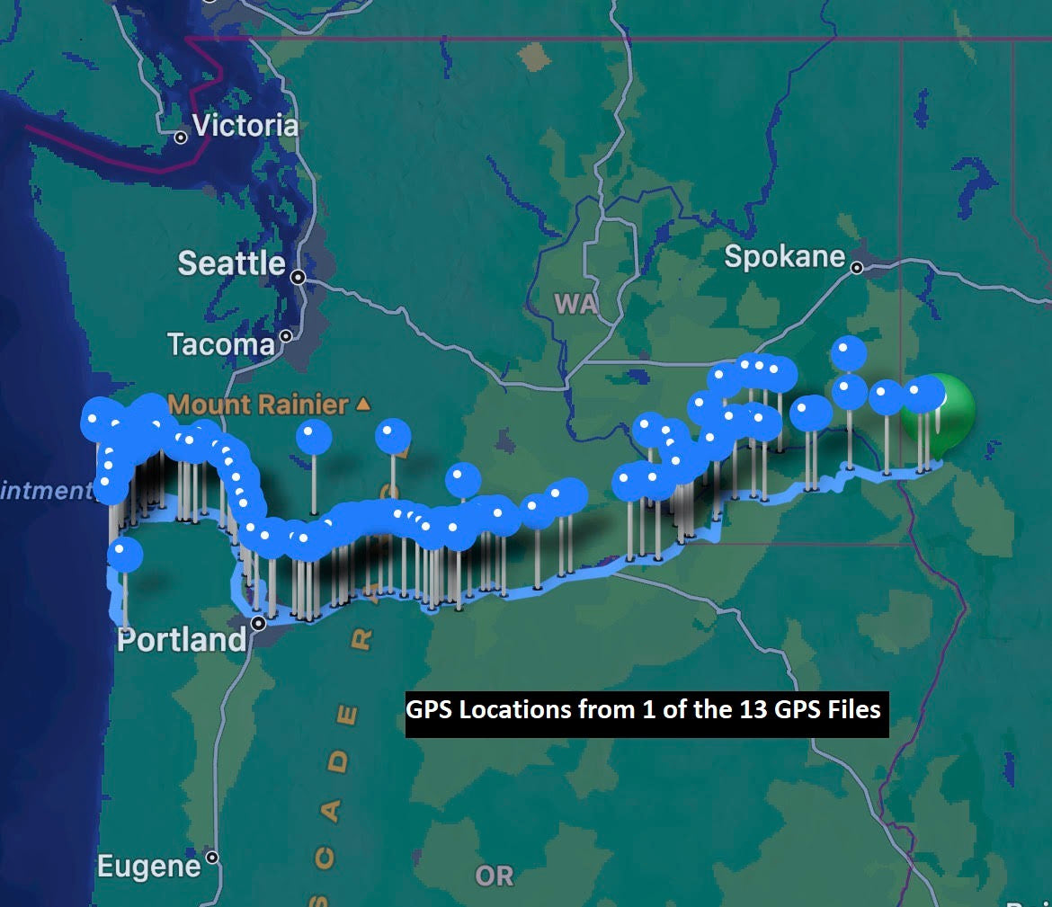 Example of all the campsites & points of interest map from 1 of the 13 GPS files. Each pin can be clicked on to see the name of the location, date that Lewis and Clark were there and the exact Lat/Long details.